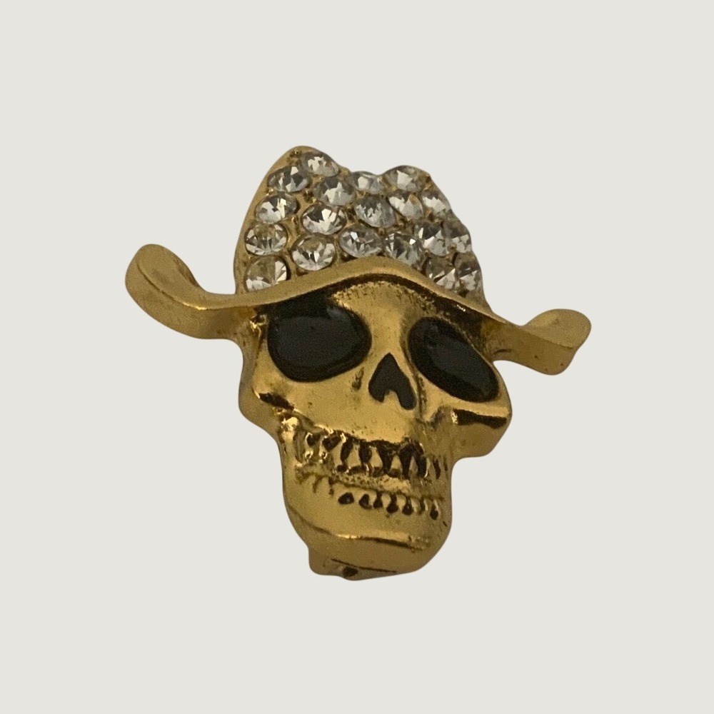 Gold Tone Rhinestone Cowboy Hat Skull Brooch Western Gothic Pin